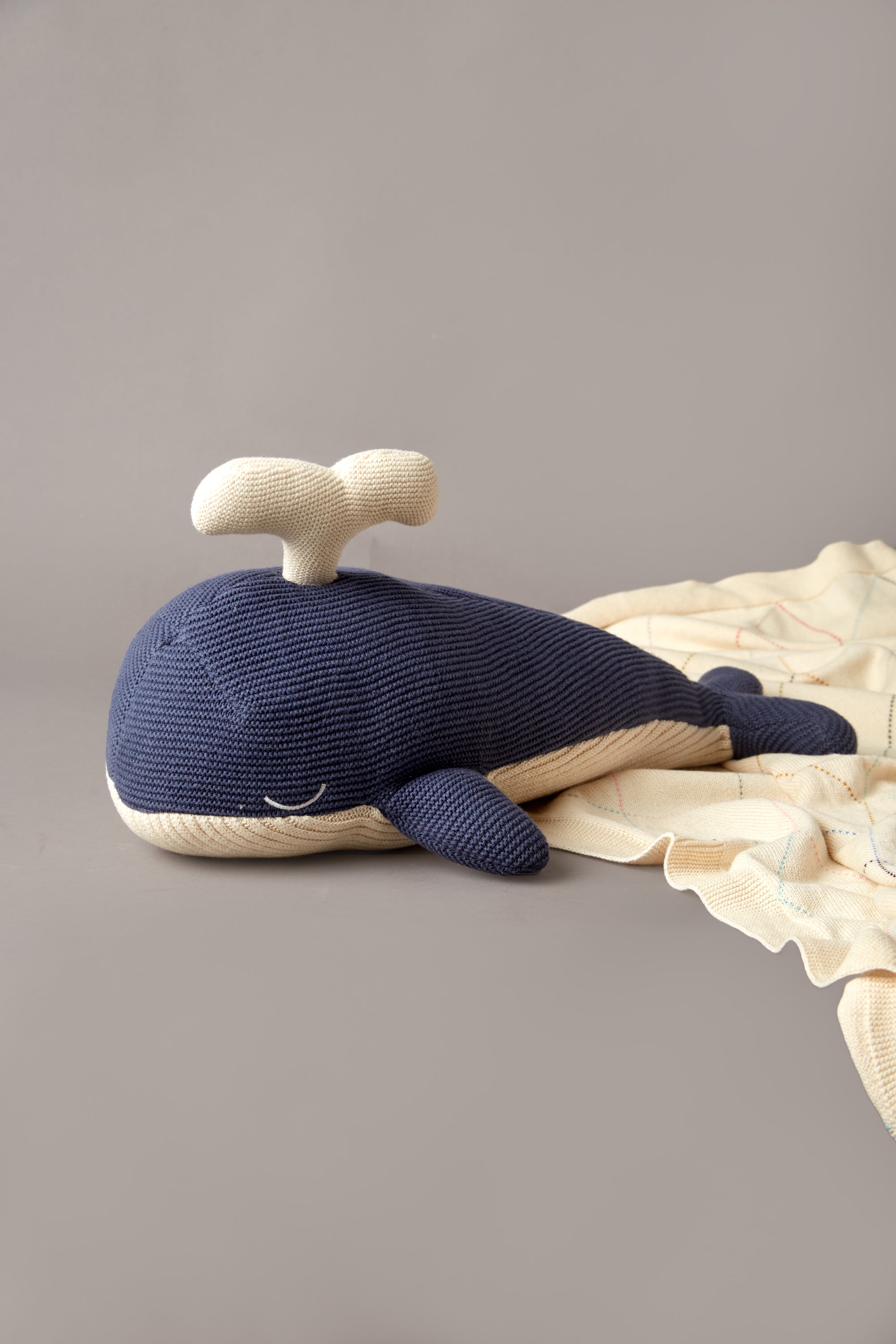 Whale Fish Cotton Knitted Stuffed Soft Toy For Babies And Kids | Navy Blue And Ivory