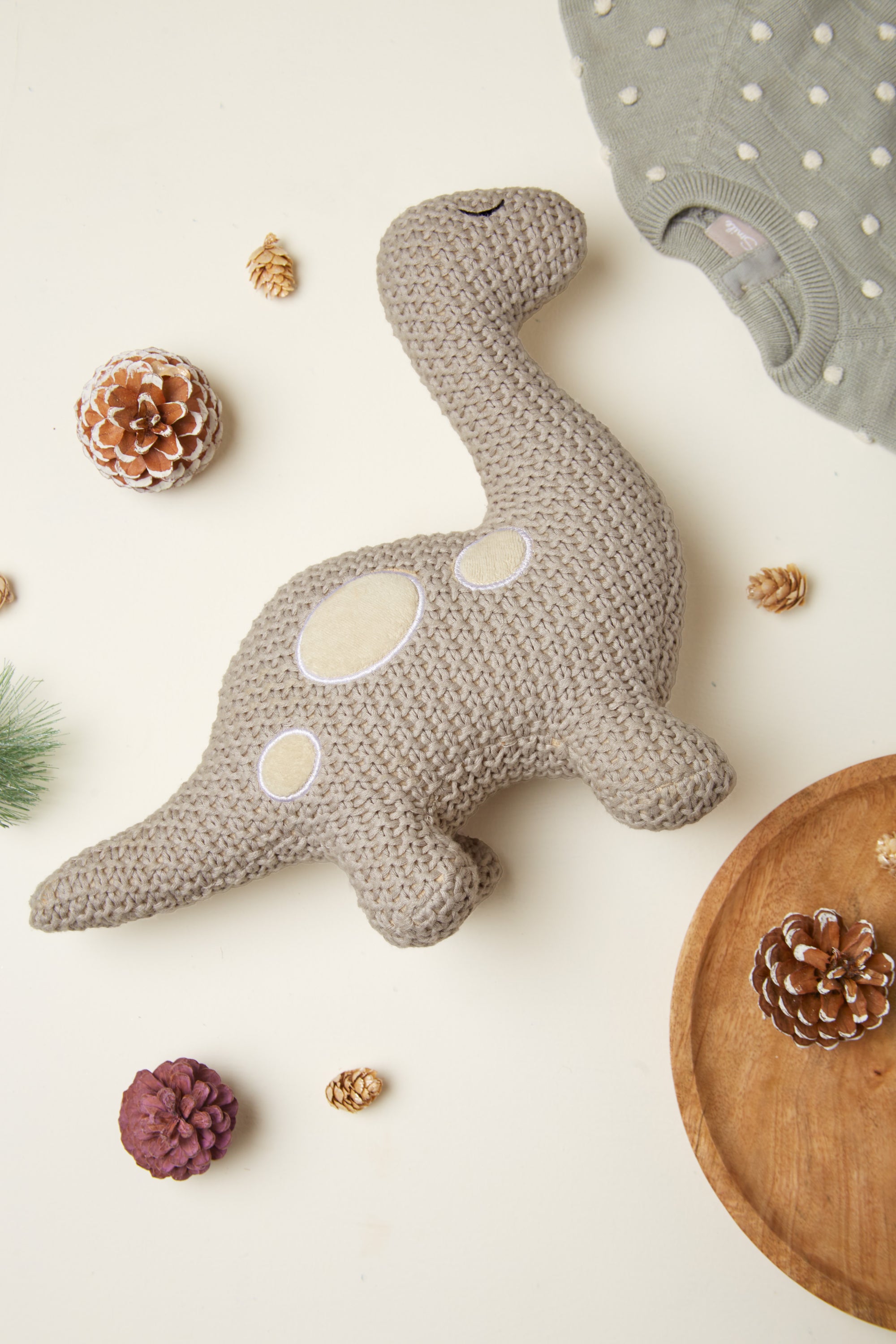 Dino Cotton Knitted Stuffed Toy For Babies And Kids | Light Grey