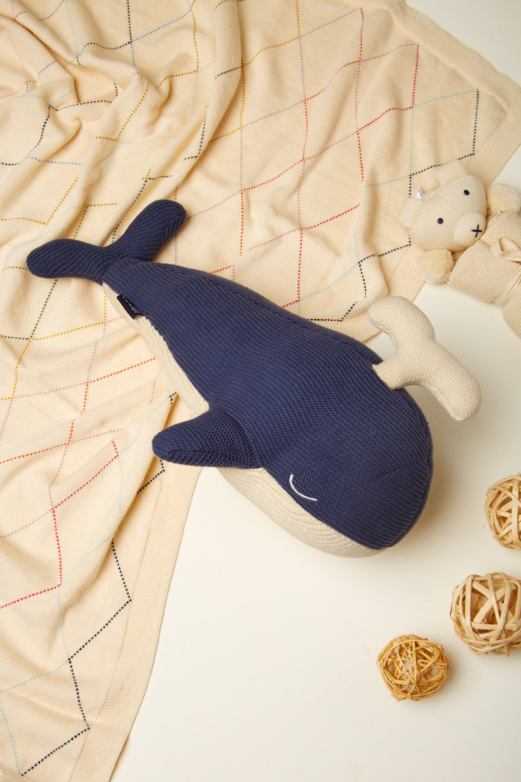 Whale Fish Cotton Knitted Stuffed Soft Toy For Babies And Kids | Navy Blue And Ivory