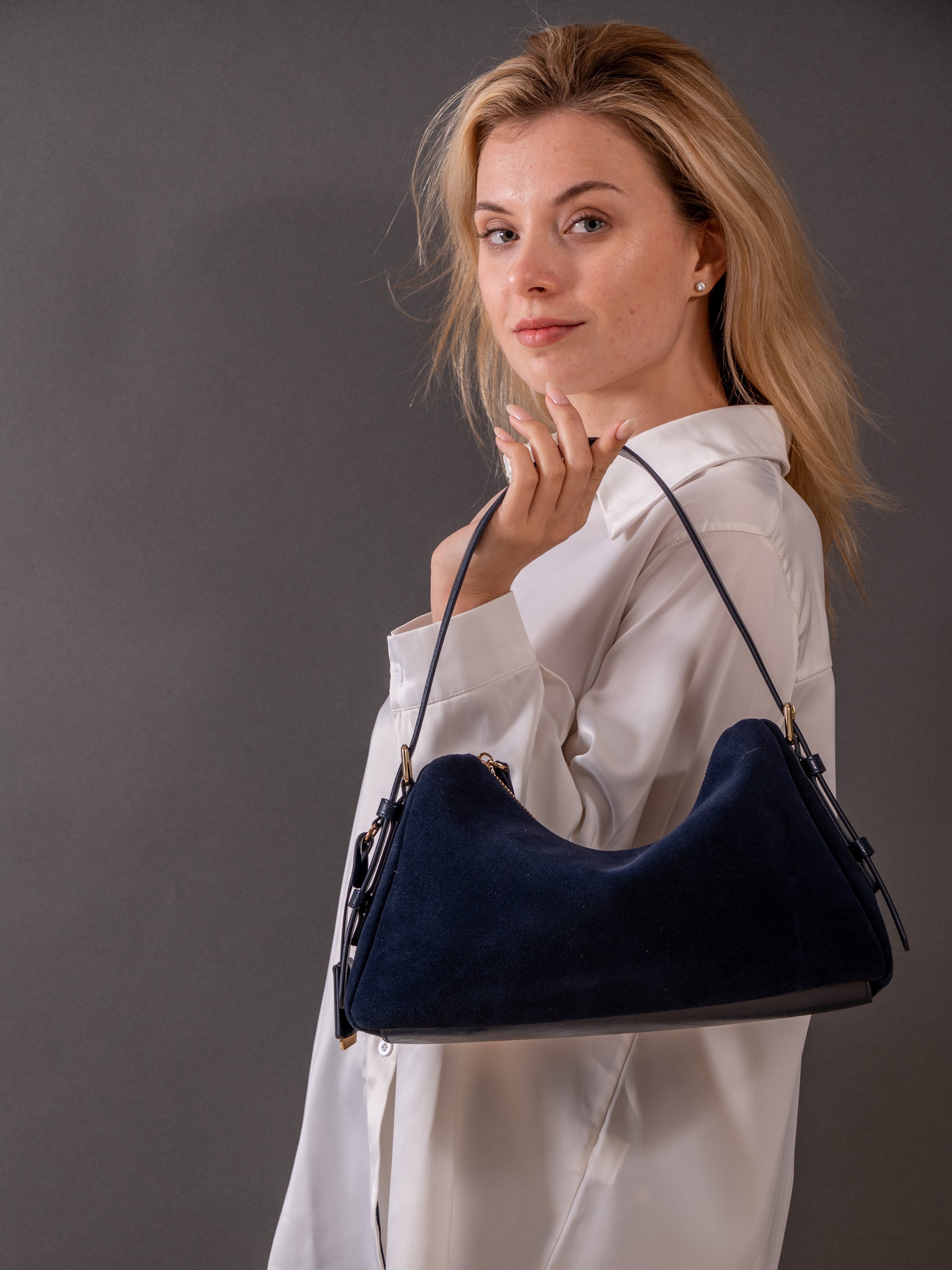Velena - Ladies Suede Leather Baguette Bag | Navy