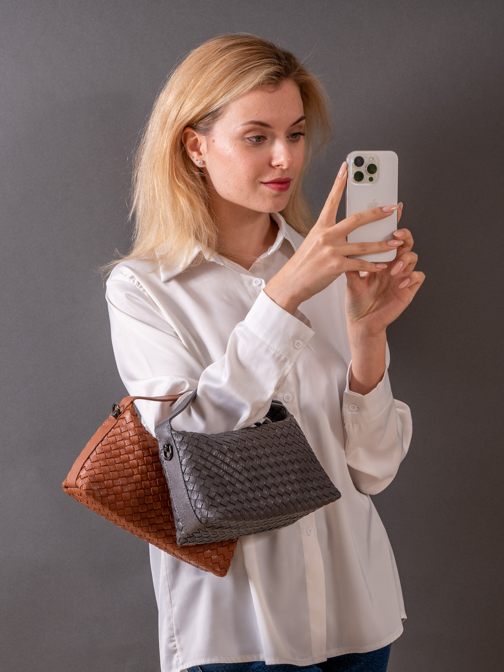 Fero - Ladies Woven Handbag, Faux Leather | Pearl white