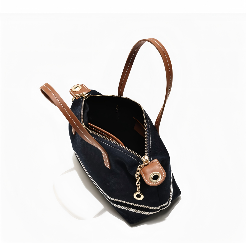 Simone - Ladies canvas denim handbag with leather trims| Navy/Tan