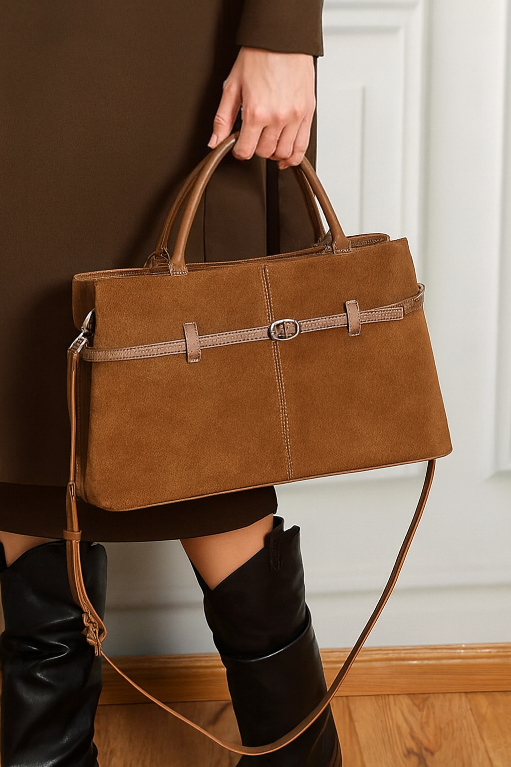 Serena -Ladies suede leather satchel bag, col. Tan