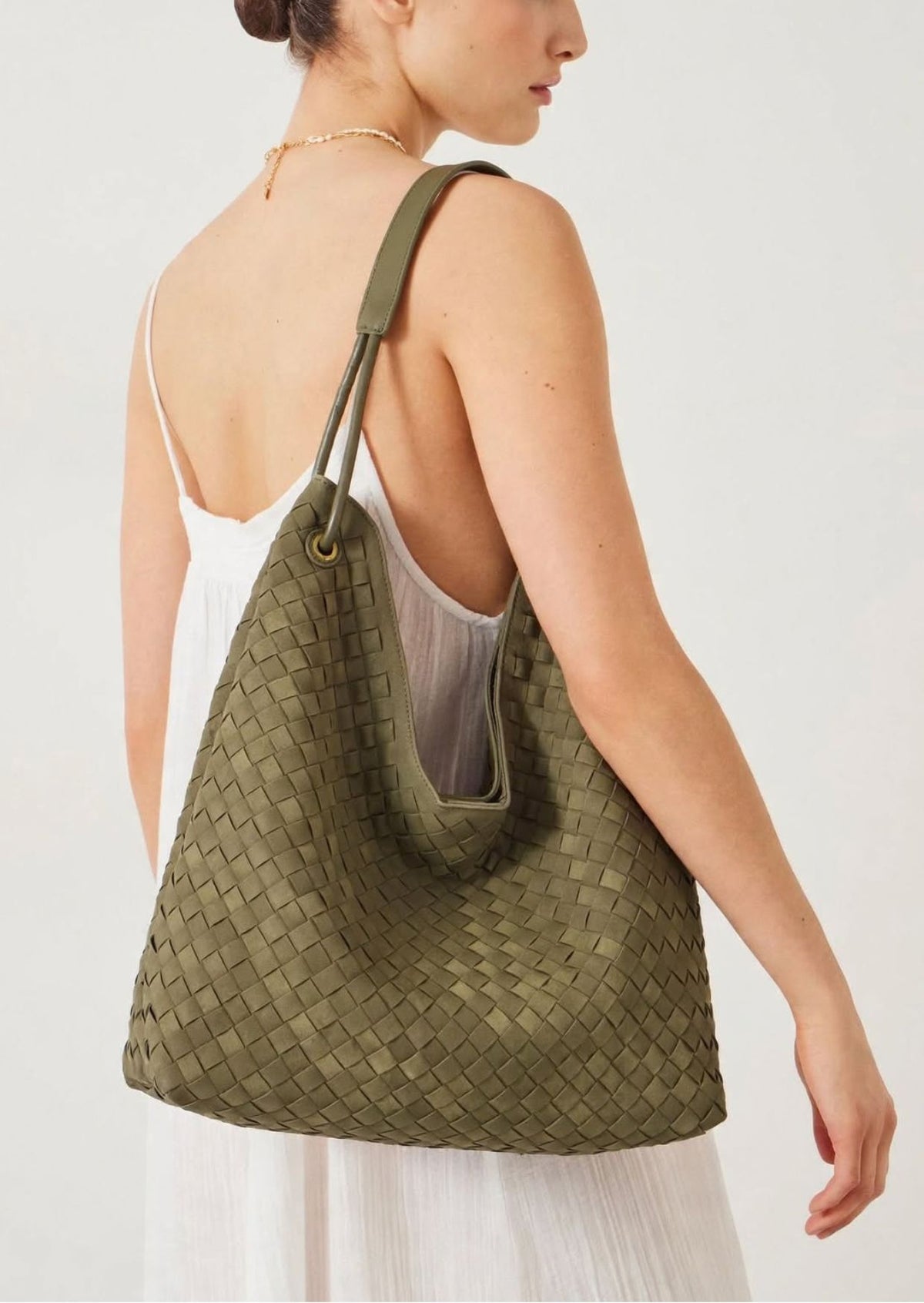 Sia- Ladies Woven Tote Bag , Faux Leather | Olive