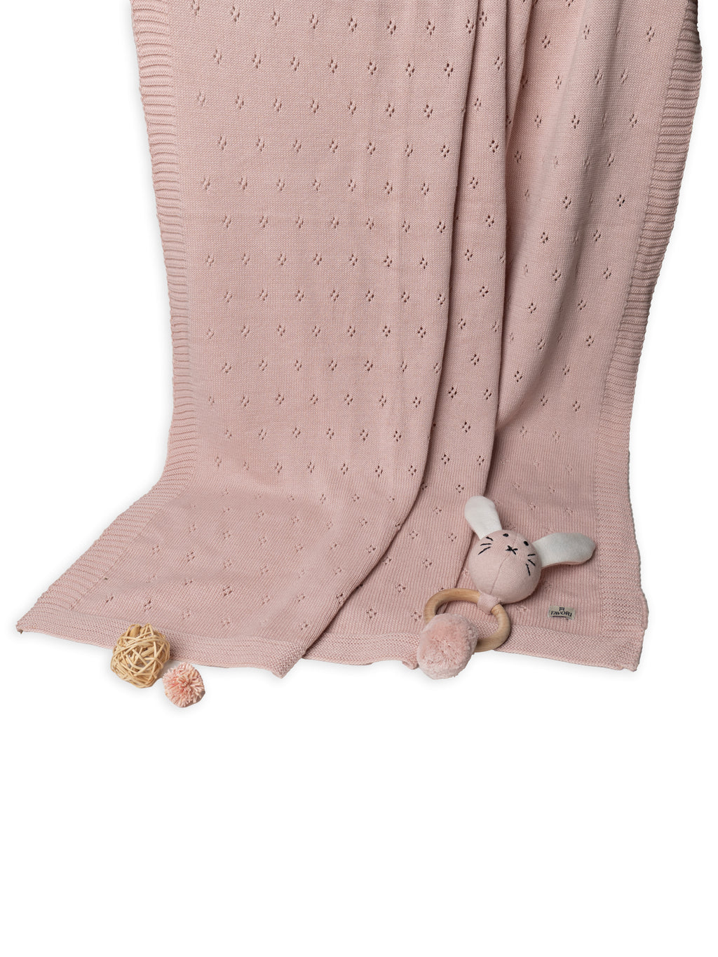 Baby Blanket with Rabbit rattle, 100% cotton knitted pointel, col. blush pink