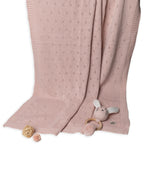 Baby Blanket with Rabbit rattle, 100% cotton knitted pointel, col. blush pink