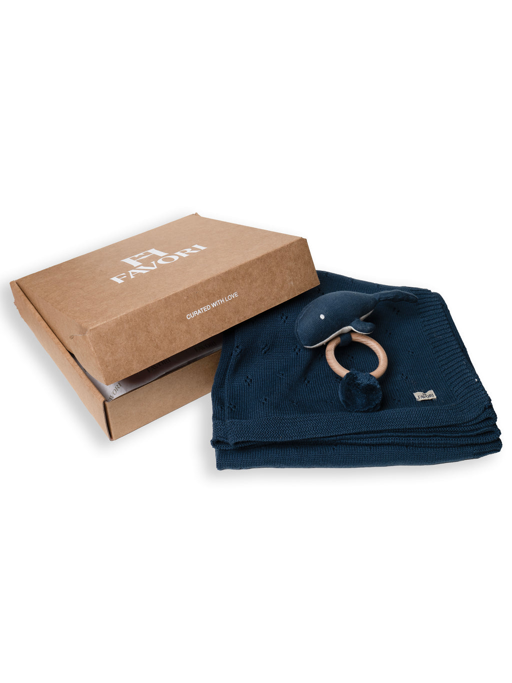 Baby Blanket with Fish rattle, 100% cotton knitted pointel, col. marine blue