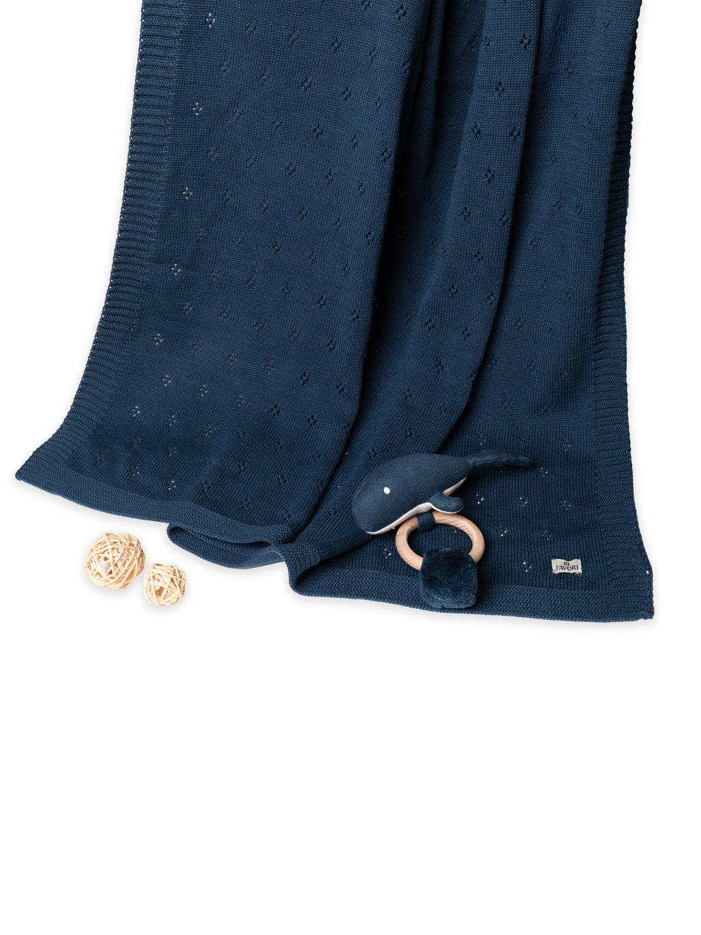 Baby Blanket with Fish rattle, 100% cotton knitted pointel, col. marine blue