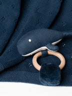 Baby Blanket with Fish rattle, 100% cotton knitted pointel, col. marine blue