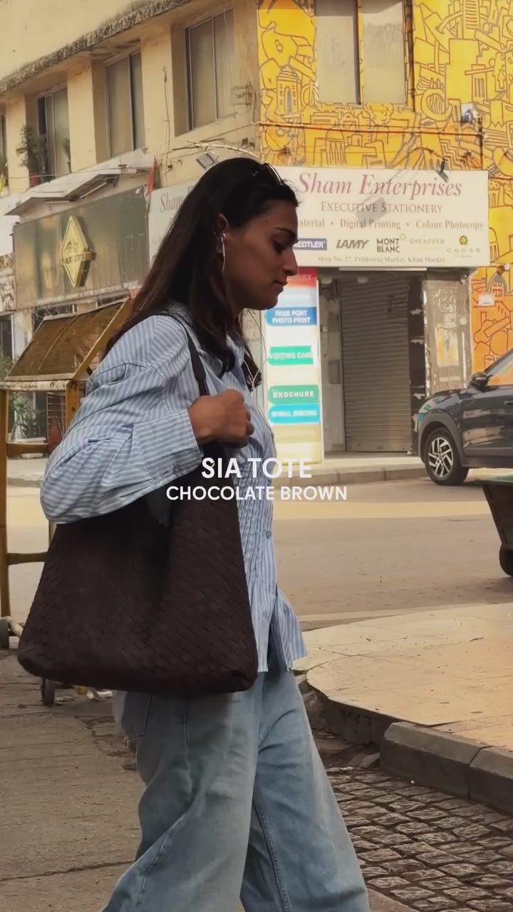 Sia- Ladies Woven Tote Bag , Faux Leather | Chocolate