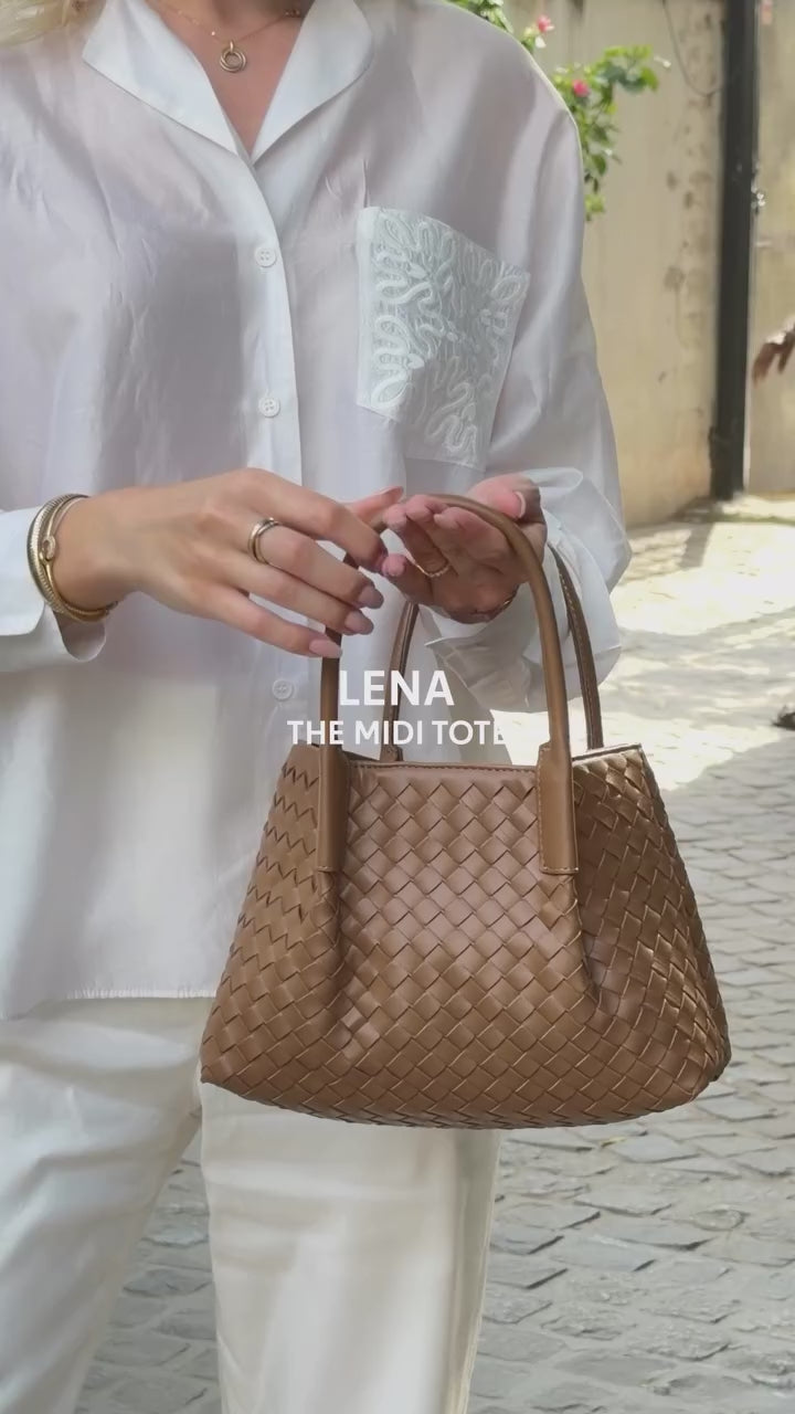 Lena - Ladies Woven Satchel Bag , Faux Leather | Caramel