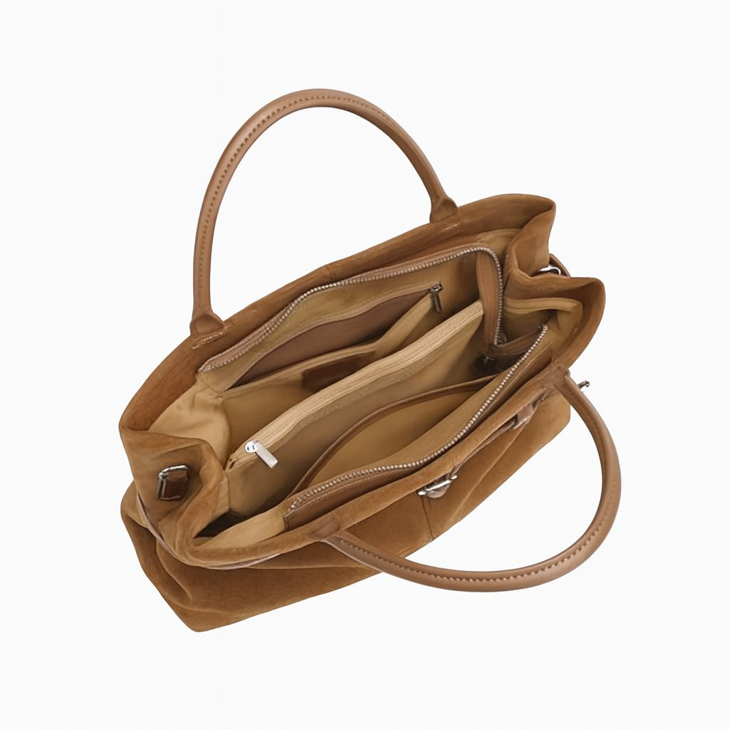 Serena -Ladies suede leather satchel bag, col. Tan