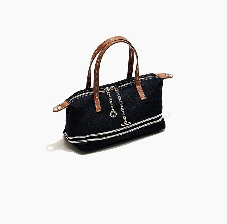 Simone - Ladies canvas denim handbag with leather trims| Navy/Tan